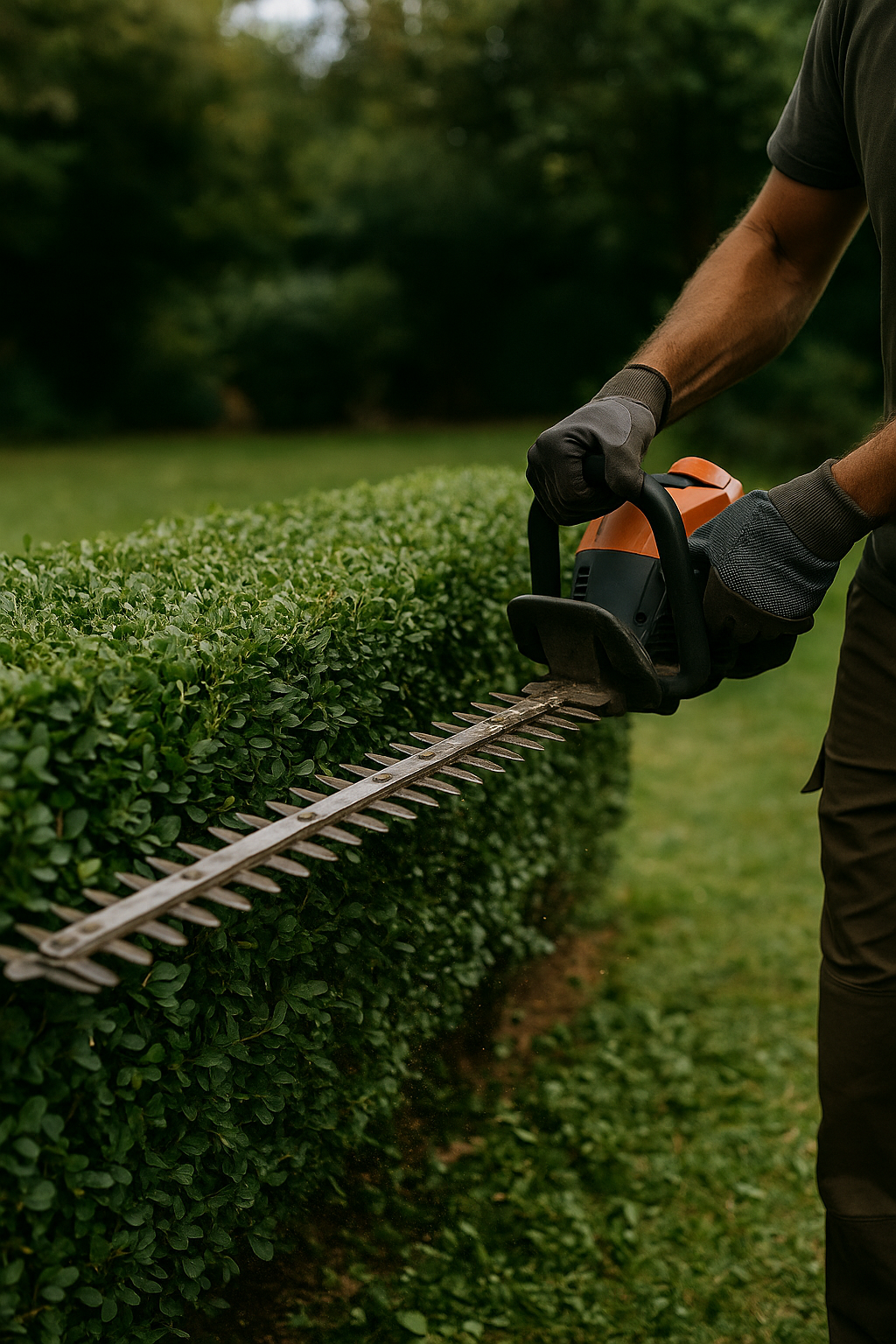 Un homme taille une haie avec un taille-haie.