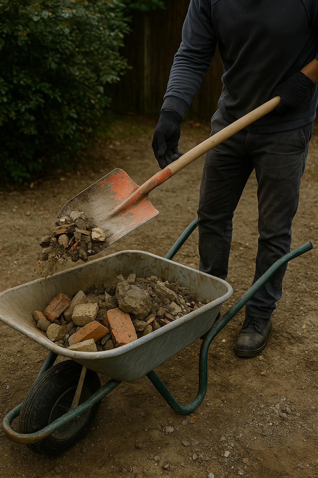Un homme met des pierres dans une brouette.