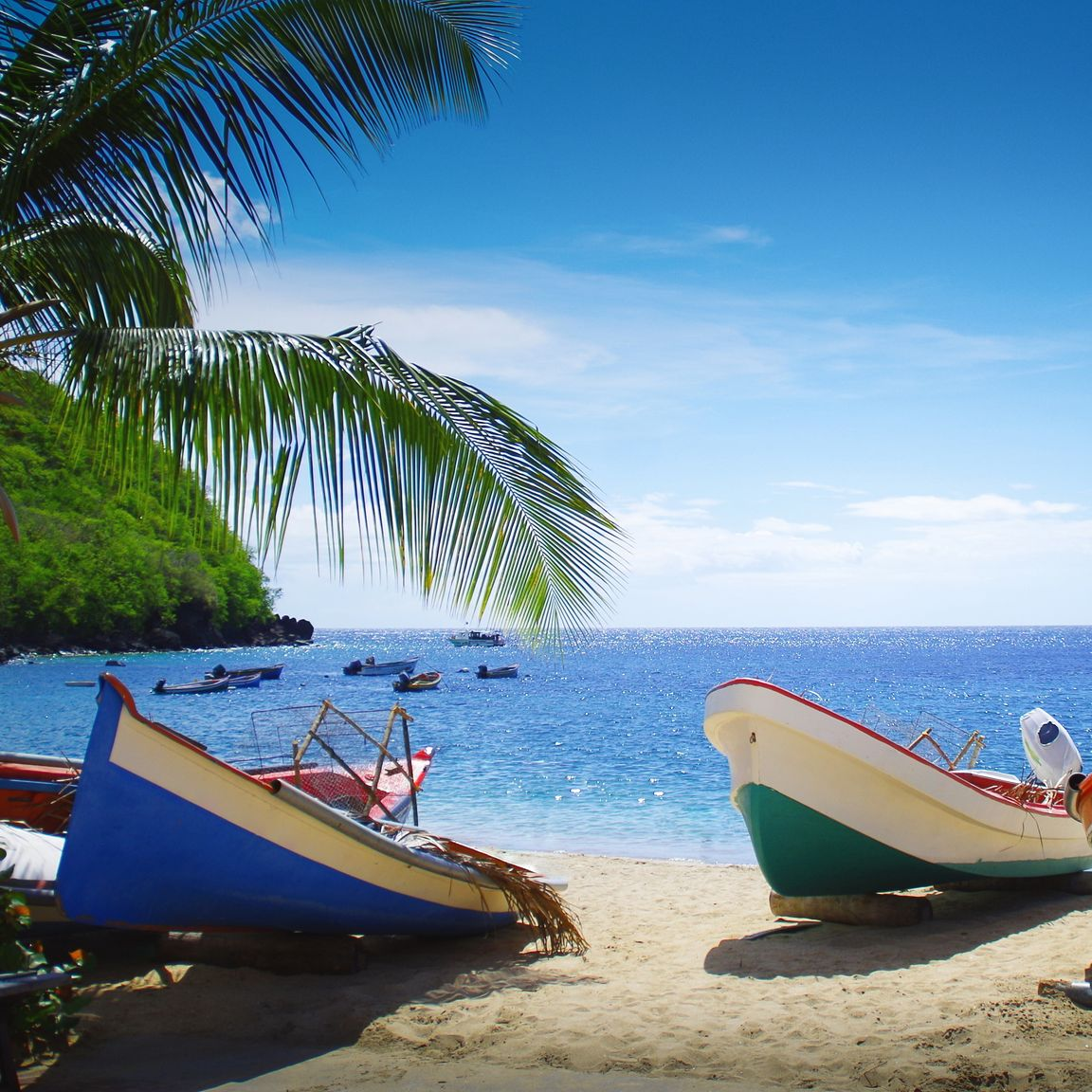 Deux bateaux colorés sur une plage de sable, des palmiers, une mer bleue et une colline verdoyante sous un ciel bleu vif.