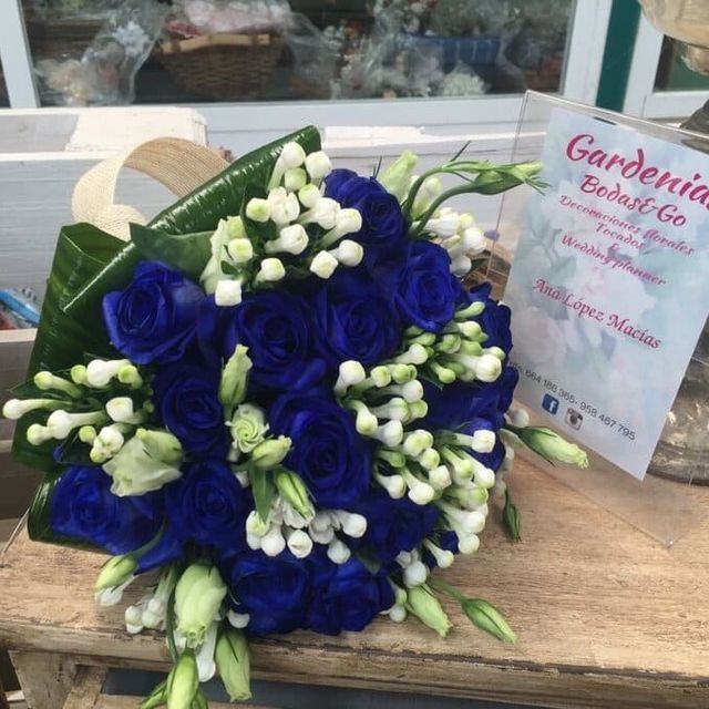 Ramo de flores azules y blancas en un jarrón, junto a una tarjeta de regalo de Gardeniia Beedh sobre una mesa