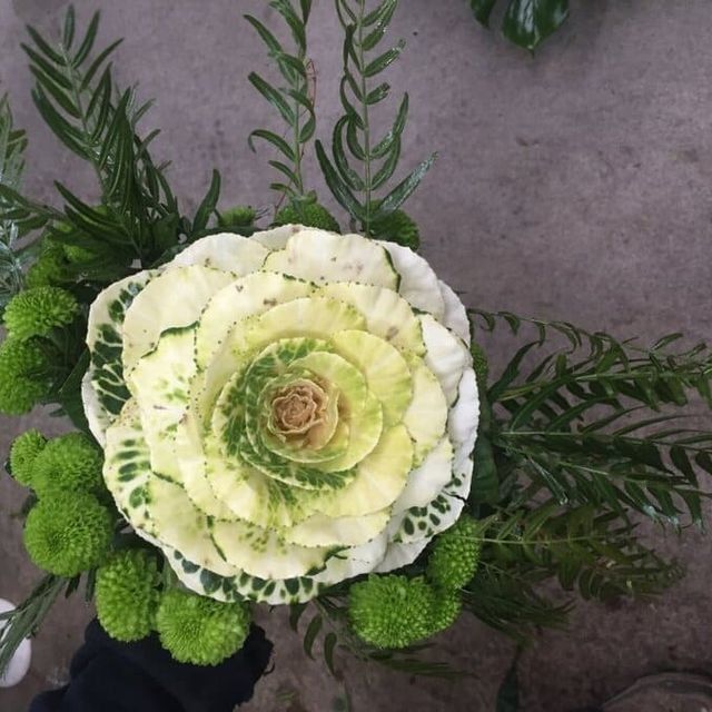 Arreglo floral blanco y verde con hojas de helecho sobre una superficie gris