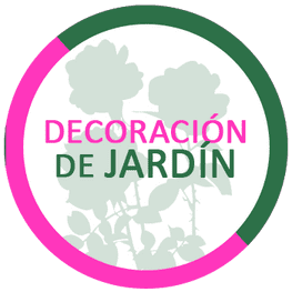 Logo circular verde y fucsia con siluetas de plantas y el texto “DECORACIÓN DE JARDÍN”.