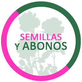 Logotipo circular rosa y verde con siluetas de plantas y el texto «SEMILLAS Y ABONOS»