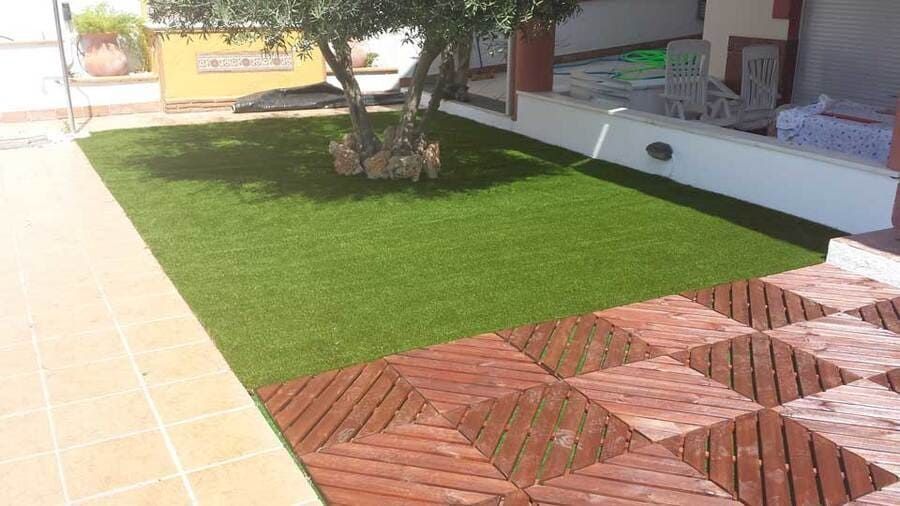Patio soleado con césped verde, terraza embaldosada y un árbol junto a una casa blanca