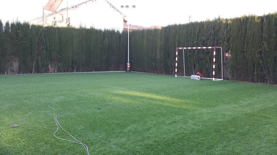 Portería de fútbol en el jardín, sobre el césped verde, con setos altos y una manguera en primer plano