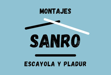 Un logotipo para Sanro Escayola y Pladur sobre un fondo azul.