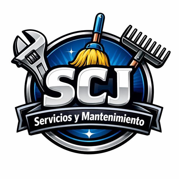 Logotipo de SCJ Servicios y Mantenimiento que muestra una llave inglesa, una escoba y un rastrillo.