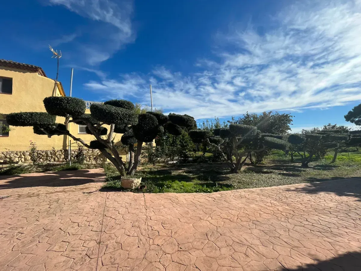 Una casa de color tostado se alza junto a un jardín paisajístico con árboles redondeados y podados.