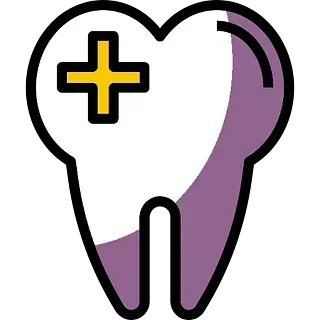 Icono estilizado de un diente blanco con un signo más amarillo y sombreado morado.