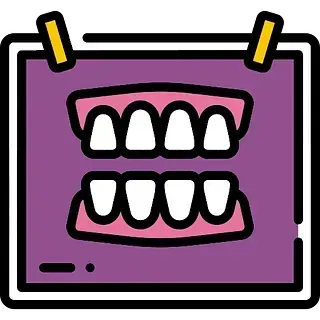 Icono de calendario de pared de dibujos animados morado con dientes blancos y contorno negro, fijado en la parte superior.