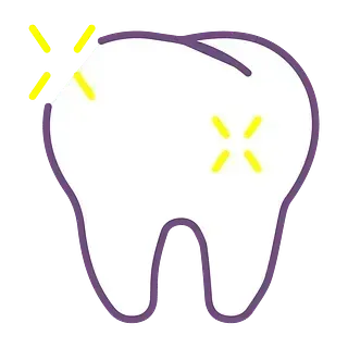 Diente con contorno morado y marcas de brillo amarillo que indican limpieza o brillo.