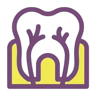 Icono estilizado de diente morado con empaste y raíces amarillas.