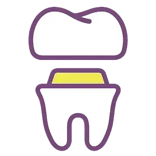 Icono de diente con contorno morado y capa de encía amarilla, mostrado con la forma de un diente separado encima.