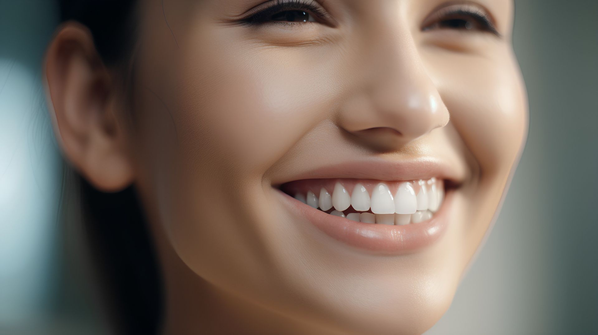 Primer plano de una persona sonriente que muestra sus dientes blancos bajo una iluminación suave.