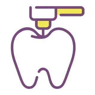 Diente estilizado con un taladro dental amarillo encima, delineado en morado.