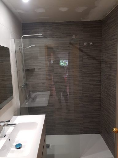 Un baño con ducha, lavabo y espejo.