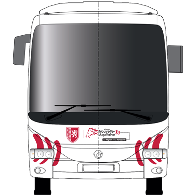 Vue de face d'un bus blanc avec des accents rouges, logo de la région Nouvelle-Aquitaine.