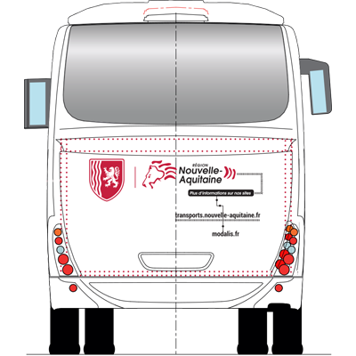 Vue arrière d'un bus blanc arborant le logo rouge et blanc de la Nouvelle-Aquitaine et l'adresse de son site web.