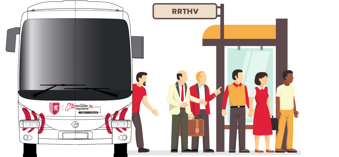 Un bus s'arrête à l'arrêt, des passagers attendent.