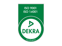 Badge de certification DEKRA vert avec les mentions ISO 9001 et ISO 14001, et une flèche stylisée.