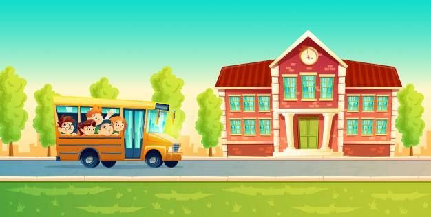 Un autobus scolaire jaune transportant des enfants se dirige vers un bâtiment scolaire au toit rouge.