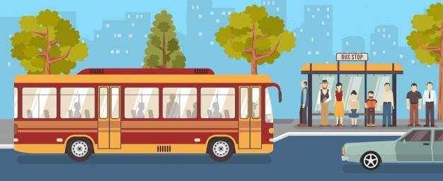 Un bus s'arrête à un arrêt où des gens attendent. Une voiture est garée dans la rue.