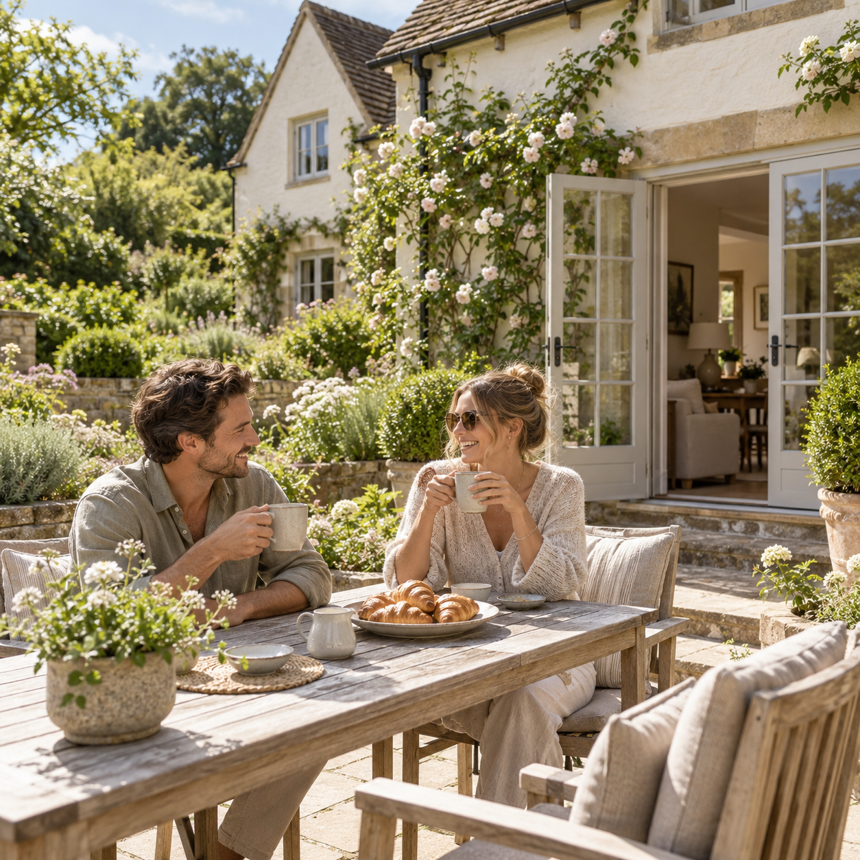 Couple enjoying breakfast on a sunny garden terrace with a cottage behind them.