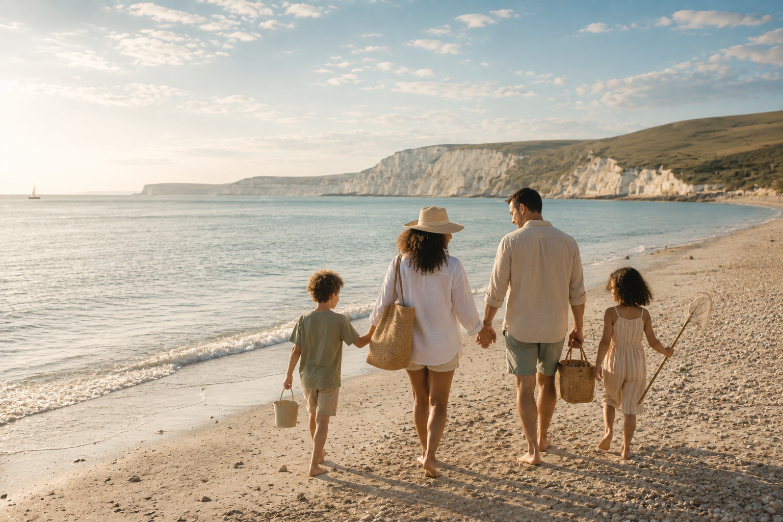 Family walking along a sandy beach at sunset, with calm waves and cliffs in the distance