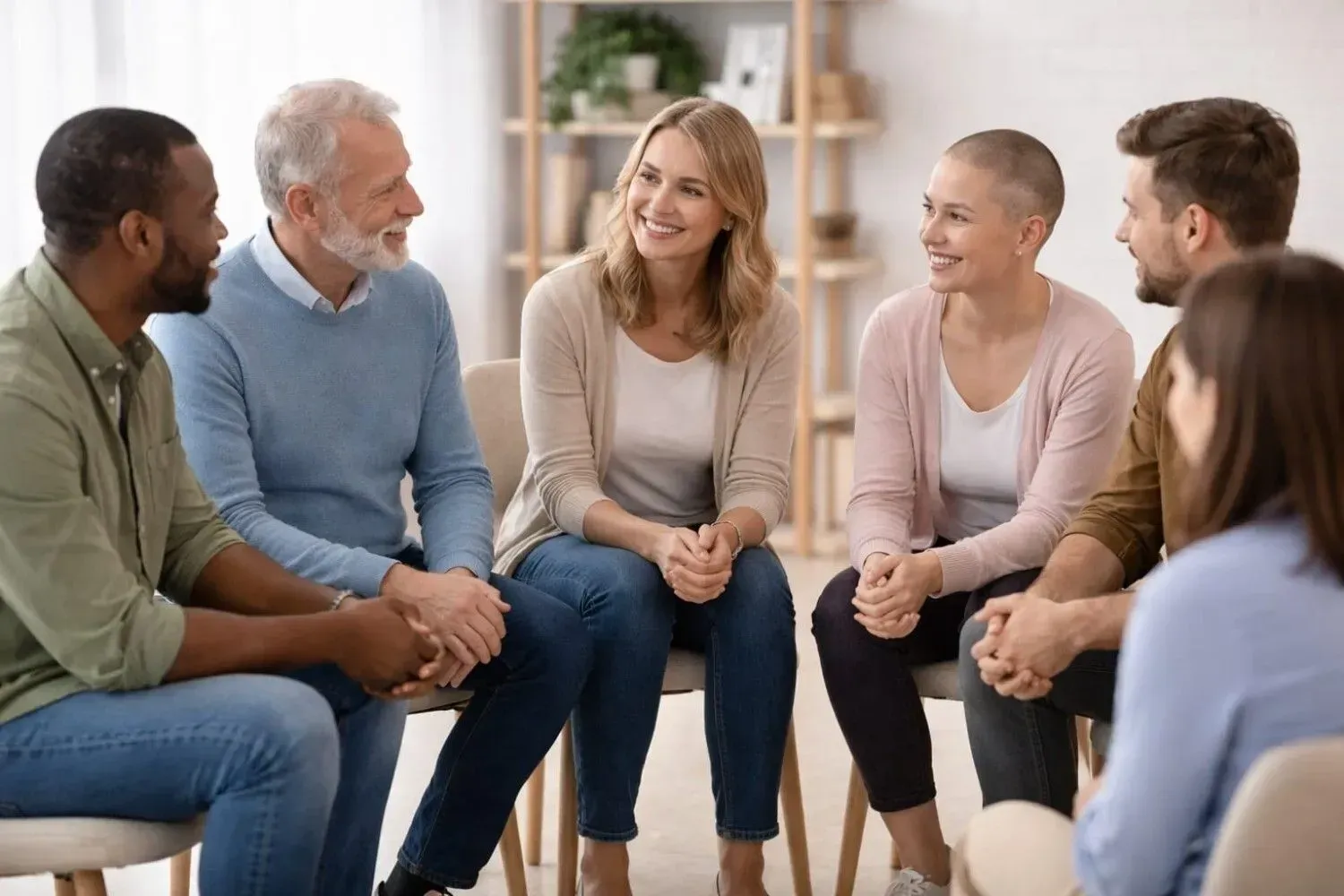 Dos personas sentadas muy juntas en un sofá, sonriendo y tomadas de la mano en una acogedora sala de estar.