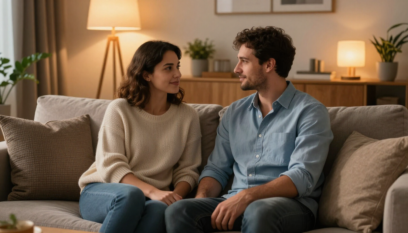 Pareja hablando en un ambiente relajado durante una sesión de terapia de pareja.