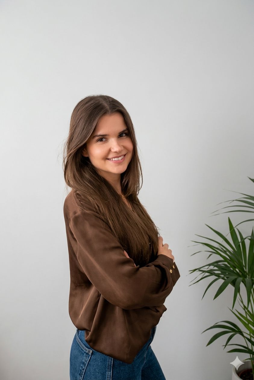 Mujer con vestido naranja sentada junto a una planta alta en maceta en una habitación luminosa junto a una ventana.