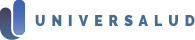 Logotipo de Universalsalud en letras azules junto a un diseño azul.