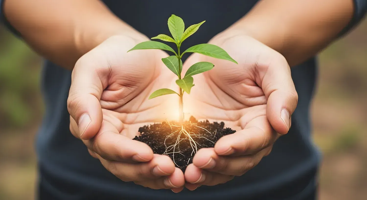 Manos sosteniendo una pequeña planta con raíces emergentes, iluminada desde abajo.