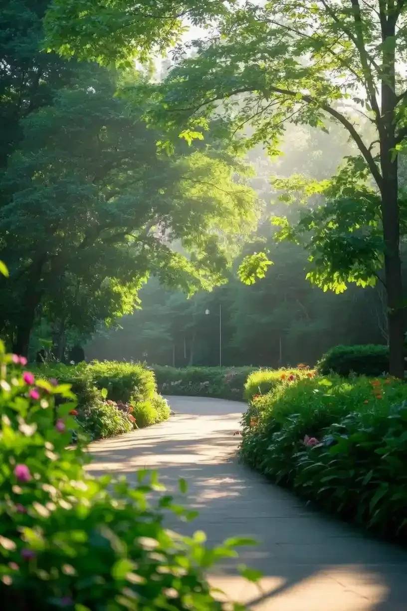 Camino a través de un jardín soleado, bordeado de flores y exuberante vegetación, con la luz del sol.