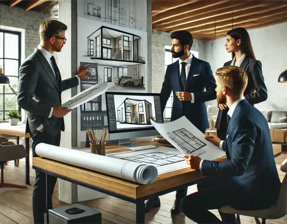 Un gruppo di imprenditori sta lavorando a un progetto in un ufficio.