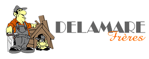Accueil Logo représentant un charpentier de dessin animé et un petit chien dans une niche. Texte «DELAMARE Frères».