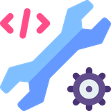 Clé avec symbole de code et engrenage, représentant le développement et les paramètres, en bleu, rose et violet.