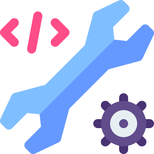 Clé avec symbole de code et engrenage, représentant le développement et les paramètres, en bleu, rose et violet.