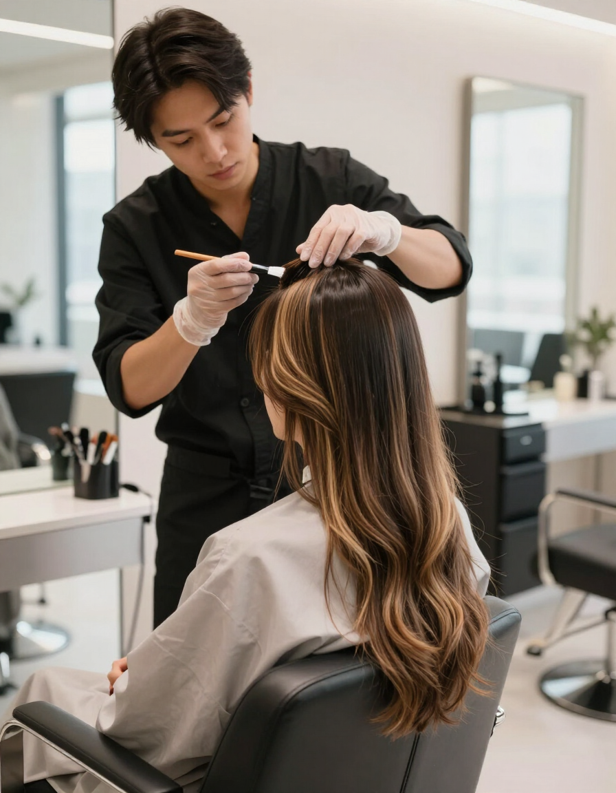 Estilista aplicando mechas balayage al cabello de una clienta en Tricolors
