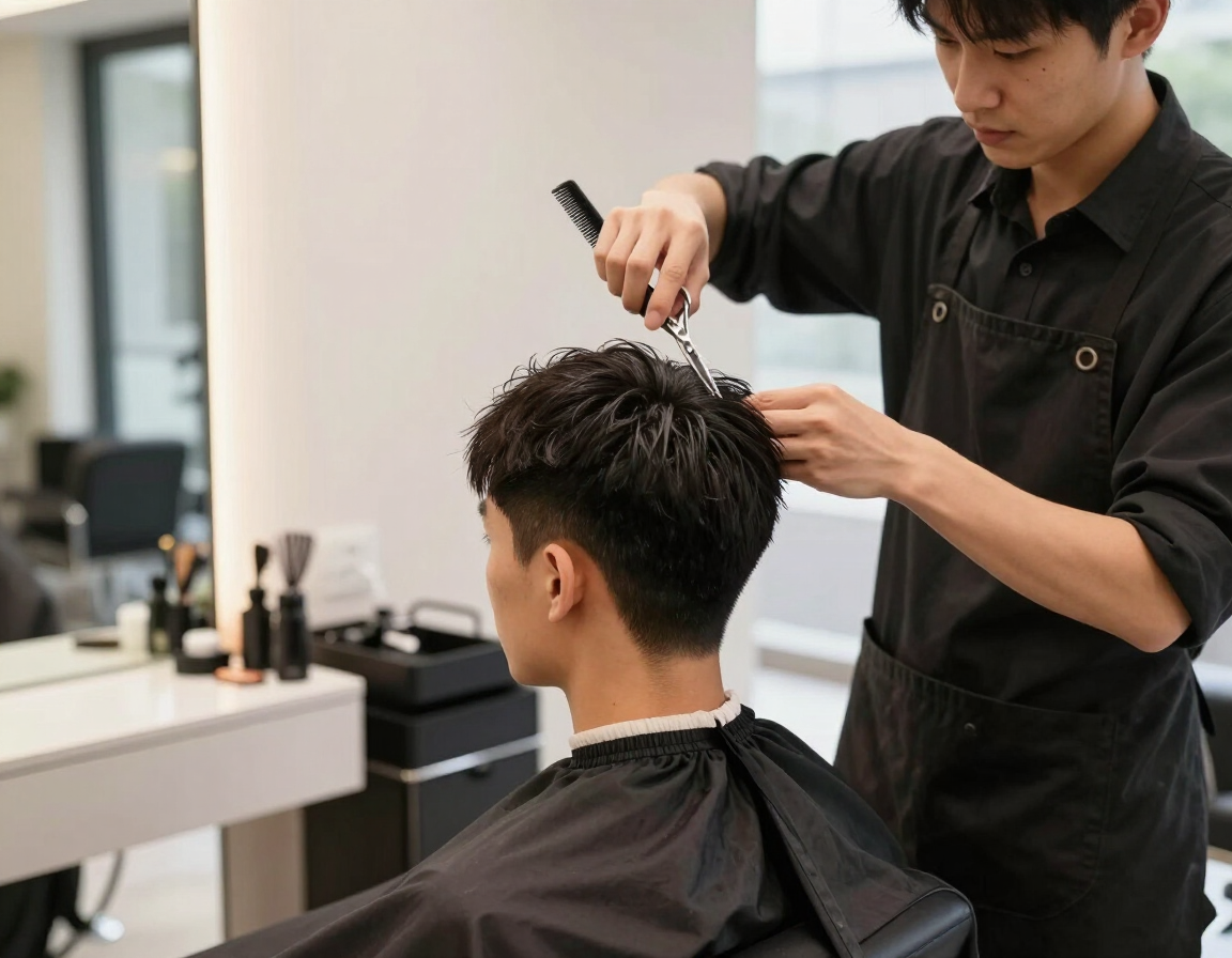 Peluquero asesorando sobre un corte de pelo para hombre