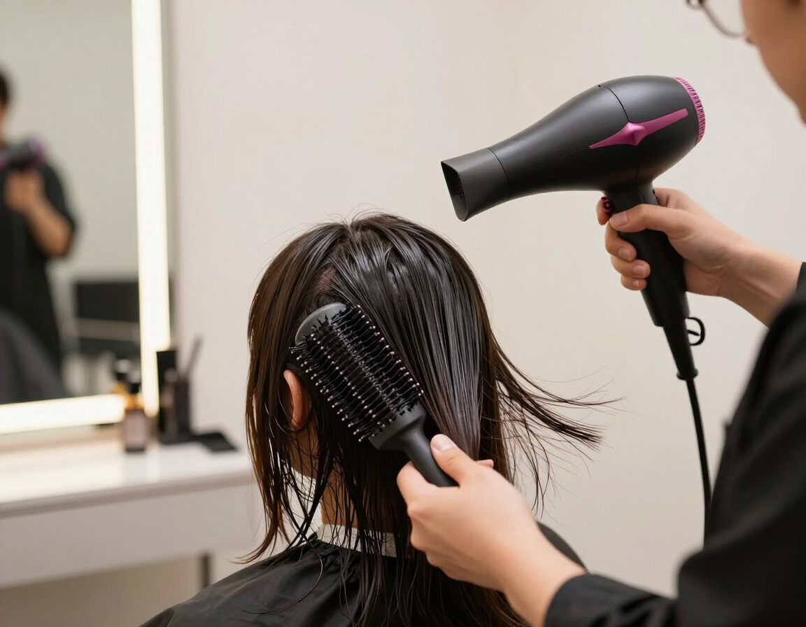 Profesional de peluquería secando y peinando el cabello de un cliente en Tricolors