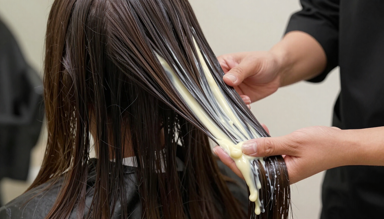 Primer plano de un profesional aplicando una mascarilla reparadora en el cabello