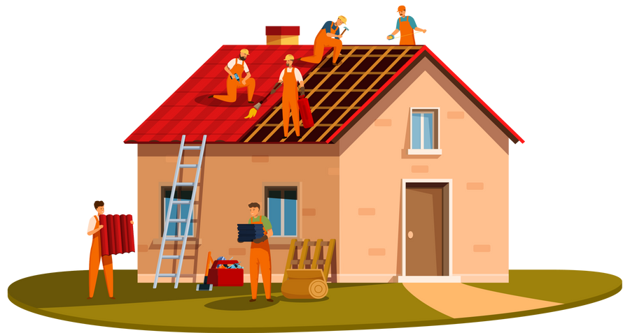 Dessin de pleins d'ouvriers autour d'une maison