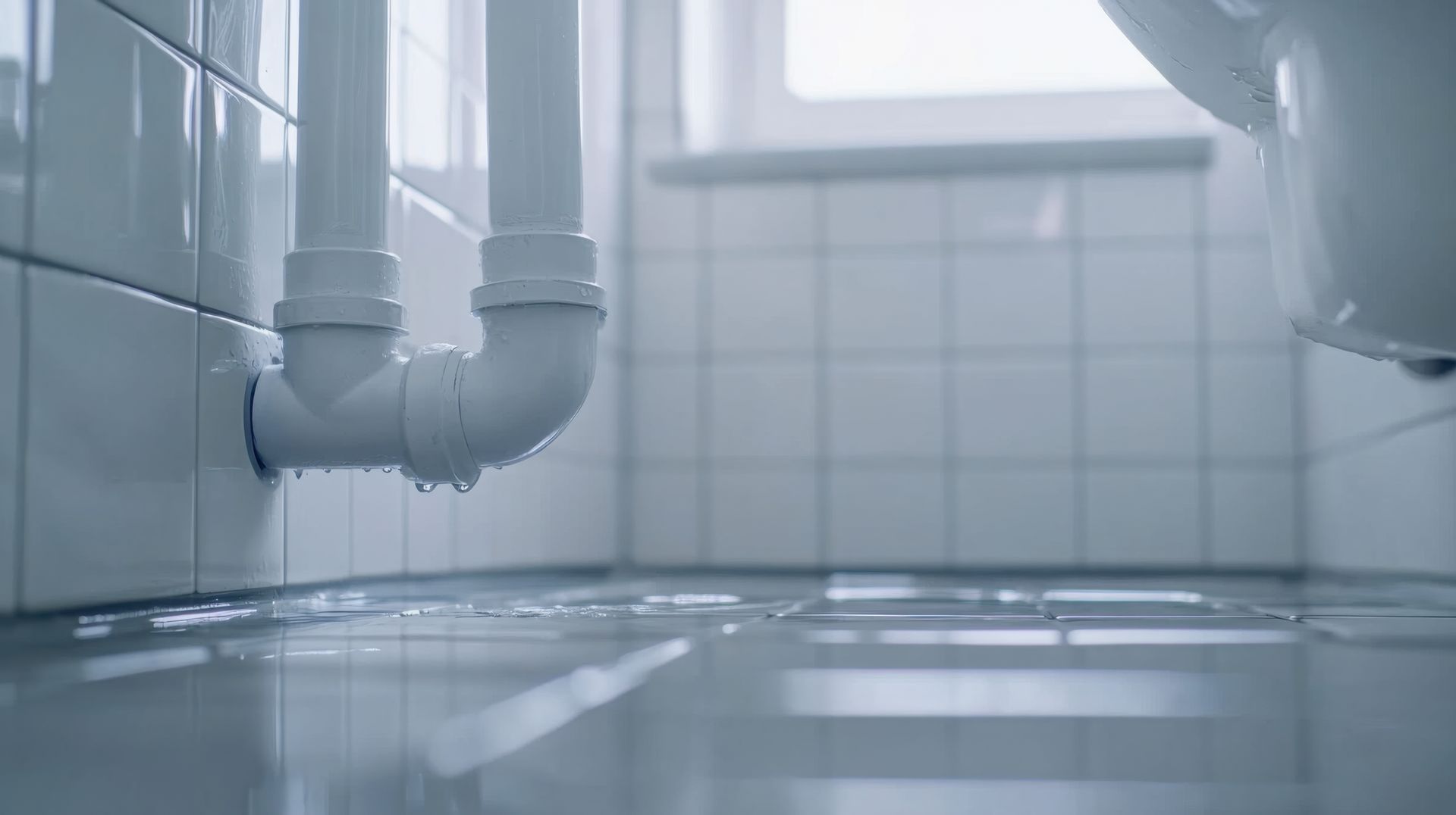 Un tuyau blanc qui fuit entraînant un sol inondé