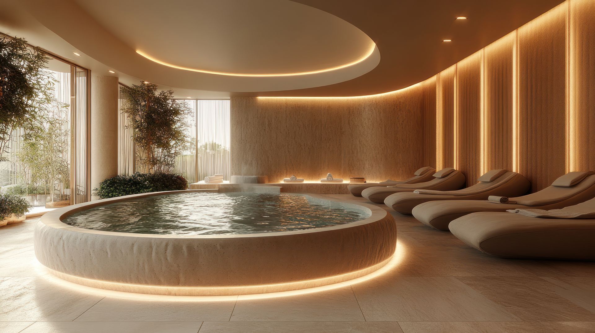 Intérieur spa avec jacuzzi circulaire, chaises longues et éclairage chaleureux.