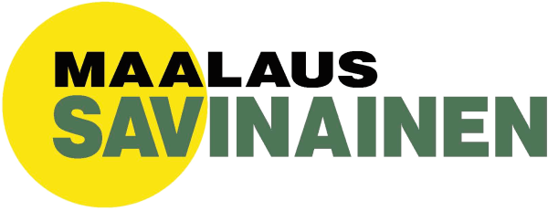 Logo, jossa mustavihre&auml; teksti &rdquo;MAALAUS SAVINAINEN&rdquo; keltaisella ympyr&auml;taustalla.