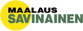 Logo, jossa mustavihreä teksti ”MAALAUS SAVINAINEN” keltaisella ympyrätaustalla.