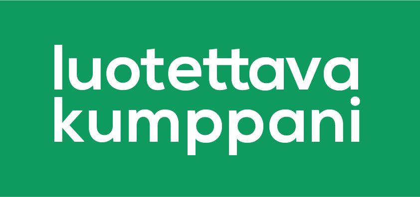 White text “luotettava kumppani” on a green background.