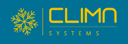 Logotipo de Clima Systems con un copo de nieve amarillo y texto sobre un fondo verde azulado.