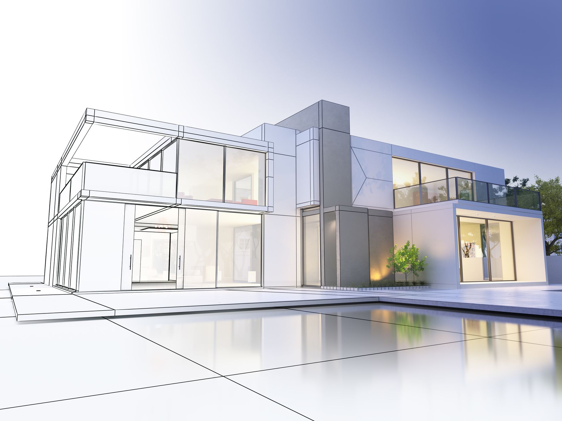 Casa moderna con un diseño semidibujado superpuesto sobre una superficie reflectante.